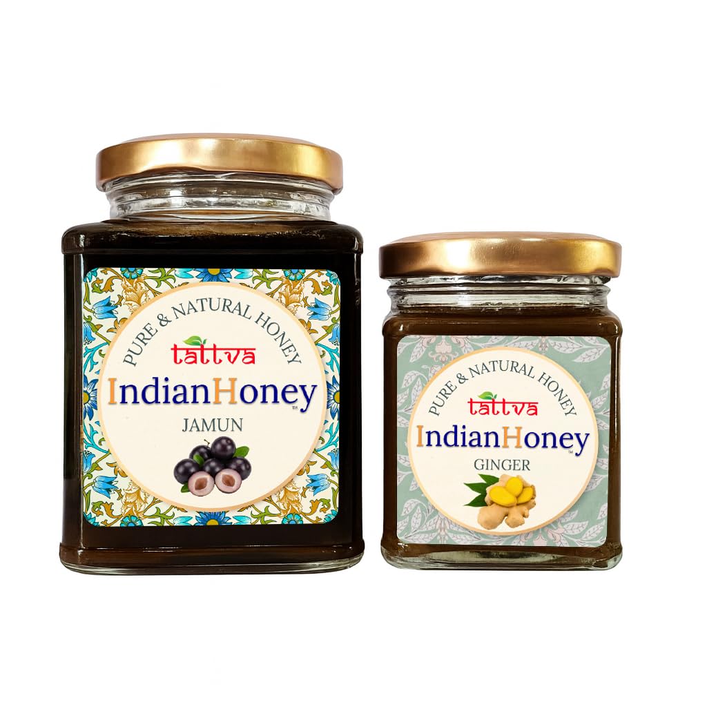 IndianHoney Diabetics-Friendly Jamun Honey & Warming & Anti-Inflammatory Ginger Infused Honey Combo Pack (500gm & 230gm) Jamun & Ginger