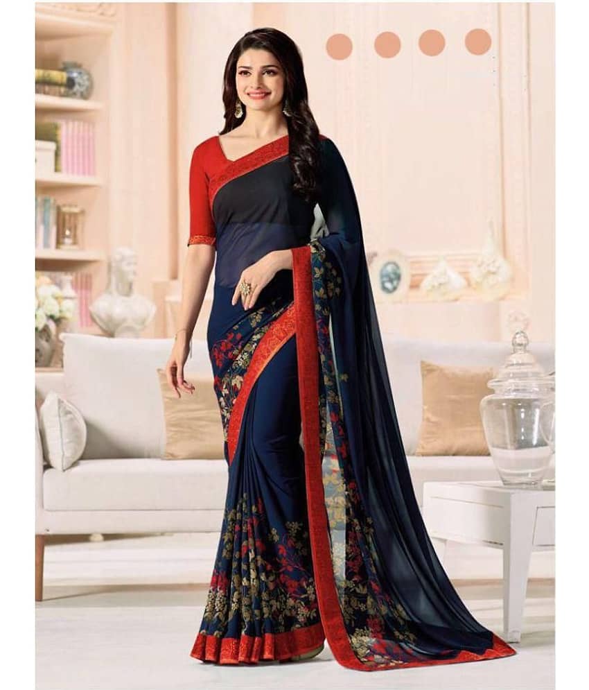 Gazal Fashions Chiffon Printed Saree With Unstitched Blouse Piece ( Blue )