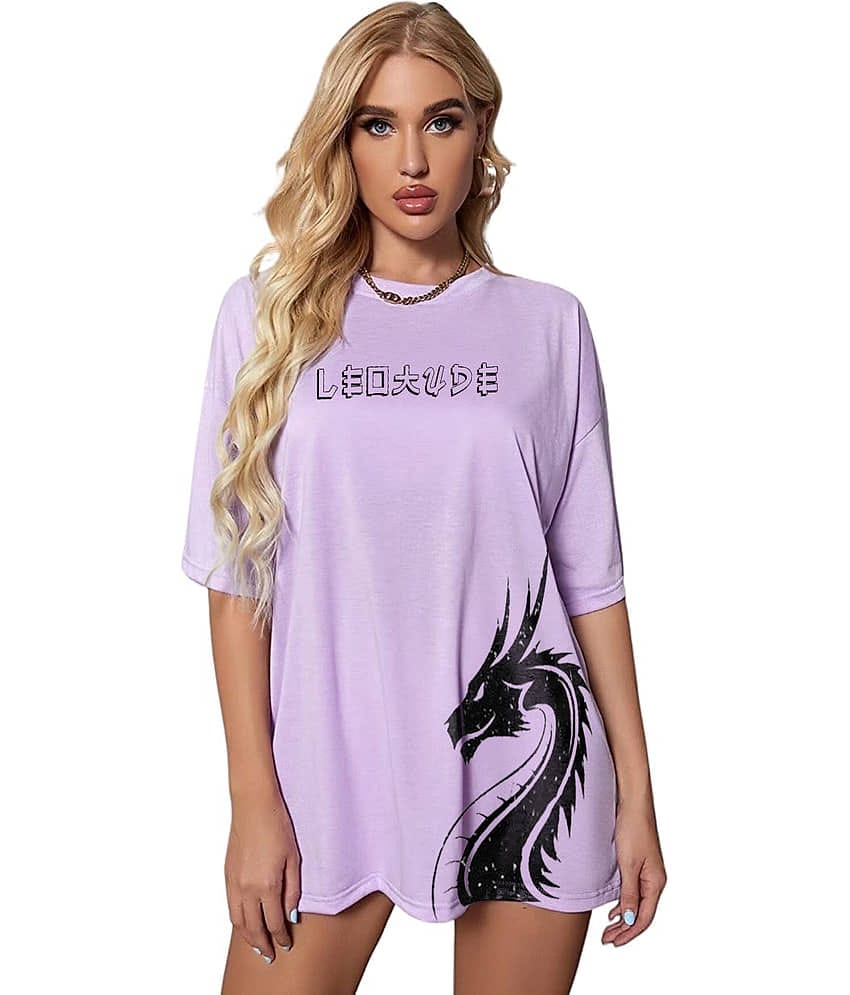 Leotude Women Cotton Blend Printed Oversized Fit Round Neck T-Shirt ( Purple )