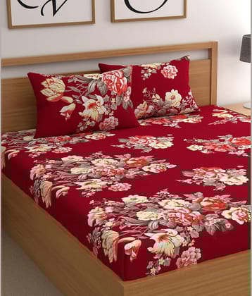 CG HOMES Microfibre Floral Fitted bedsheet with 2 Pillow Covers ( Double Bed ) - Red