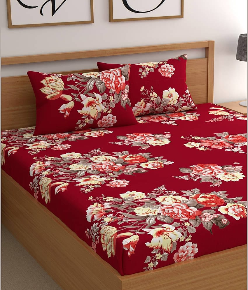 CG HOMES Microfibre Floral Fitted bedsheet with 2 Pillow Covers ( Double Bed ) - Red