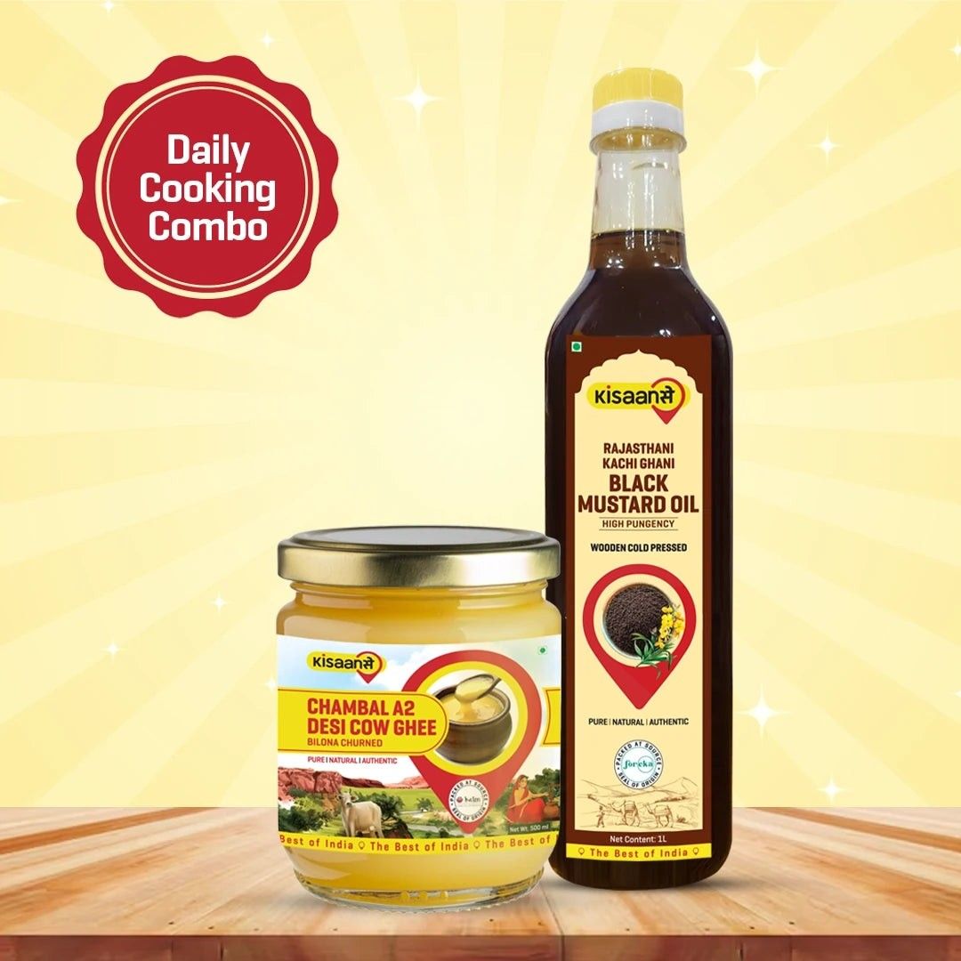 KisaanSay Chambal A2 Desi Cow Ghee 1 Litre + Rajasthani Kachi Ghani Mustard Oil (Black) 1 Litre