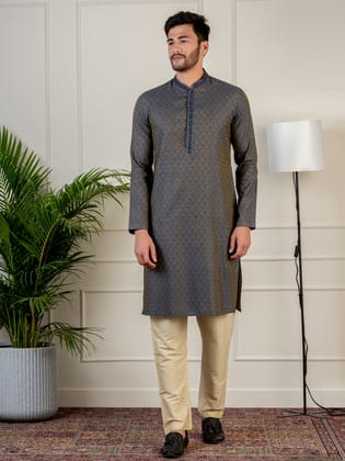 Navy Jacquard Embroidered Kurta Set-XS/36 / Only Kurta - No Lowers