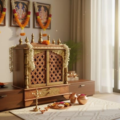 Handicraft Golden Wall-Temple, Wooden Drawer-Temple, Carved Gumbad Pooja Temple, Wall Hanging Office-Home Temple