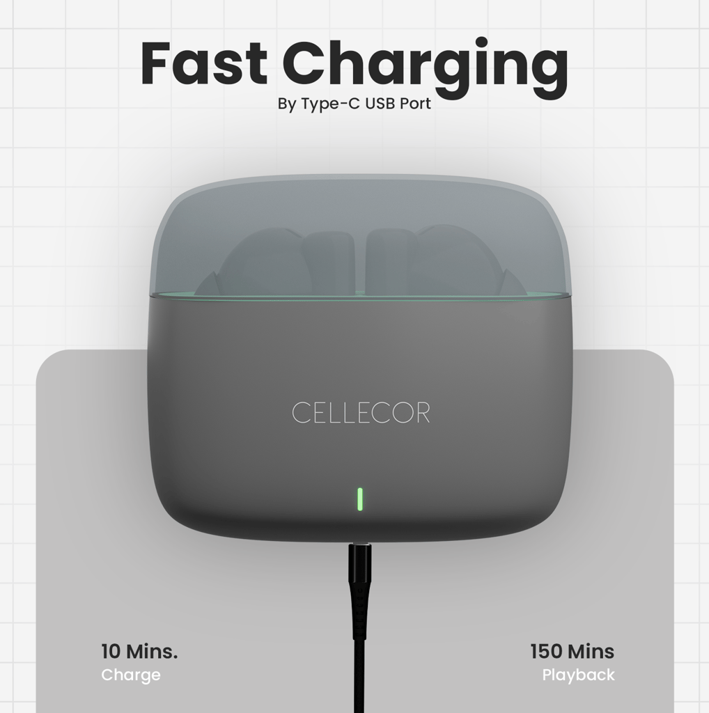 Cellecor BroPods CB11 TWS With 45 Hrs, ENC, 13mm Driver, BT v5.1, Voice Assistant, IPX4 Bluetooth-Grey
