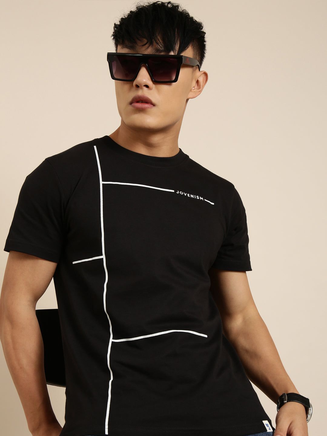 Black Printed Crew Neck T-shirt-S