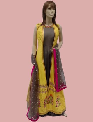 Woman's Yellow/Grey Printed Fancy Long Kurta Churidar Suit With Dupatta-1202 / Yellow / F