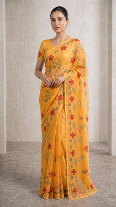 Cotton Saree โ Mustard Yellow with Multicolor Floral Print & Thread Work Cotton Saree โ Mustard Yellow with Multicolor Floral Print & Thread Work