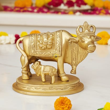 Brass Cow & Calf Statue - Divine Handcrafted Idol, Height : 3 Inch (BSMAS889 X)