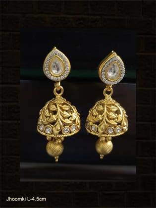 Stone studded leaf design domb jhoomki with zircon-White