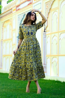 TRADITIONAL BAGRU PRINTBagru Hand Block Printed Cotton One Piece DressAttached Dori with Tussle in Neck Line..