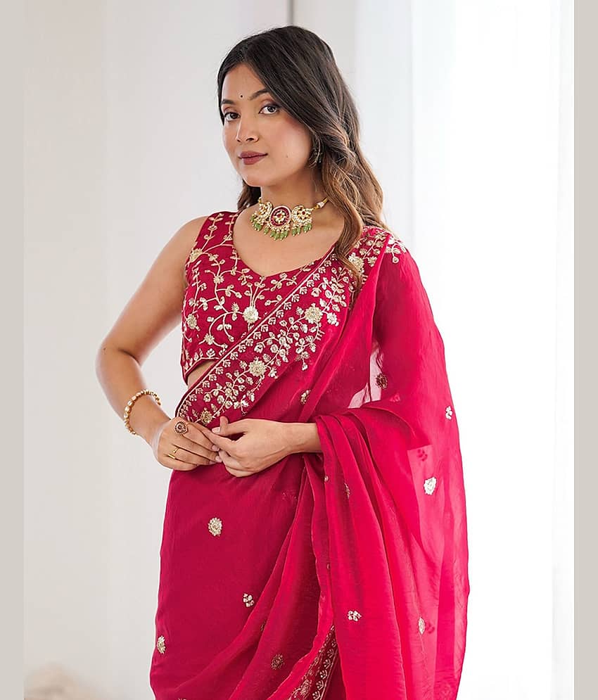 Samah Jimmy Choo Embroidered Regular Saree With Unstitched Blouse Piece ( Pink )