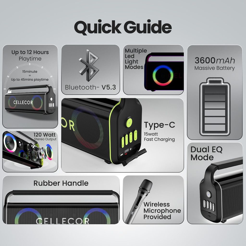 CELLECOR CBS-04 Thunder 120W RMS Bluetooth Speaker with 10 Hours Playtime | TWS Mode | Multiple LED Light Modes | Eco Adjuster | Dual EQ Modes | Multiple Connectivity Wireless Portable (Black Gray)