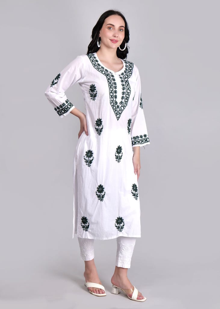 Chikankari in Mul cotton Kurta for Women - White with Green