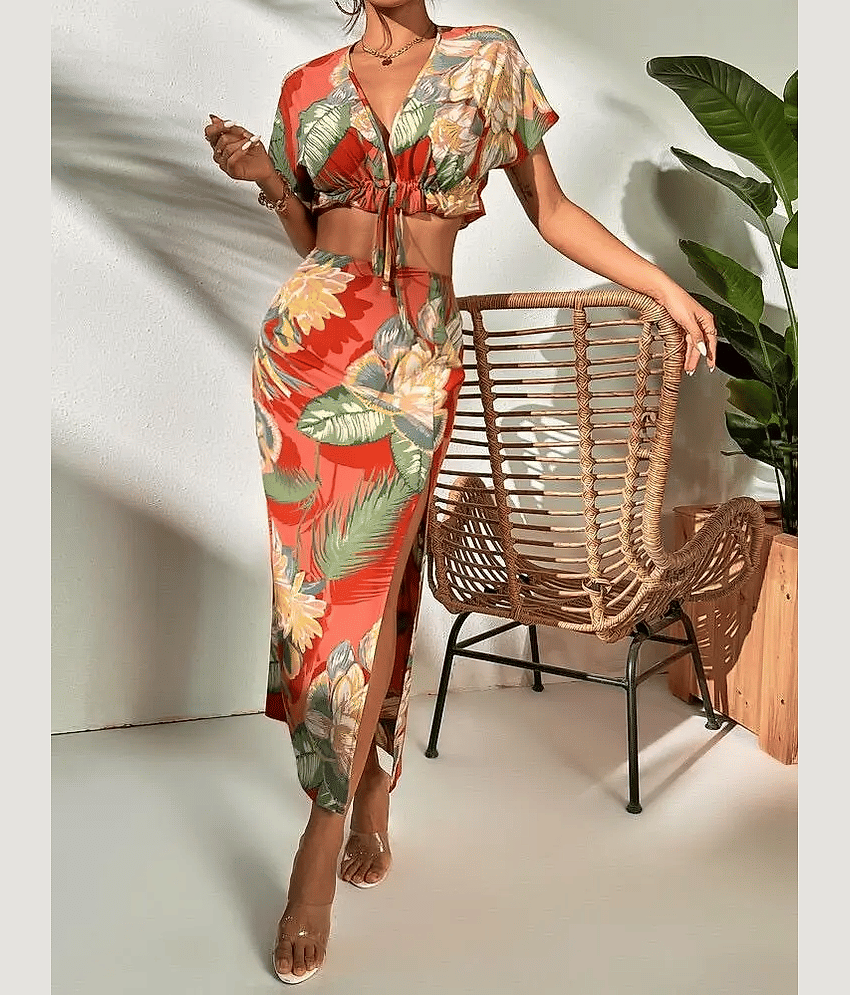 COOL AND CASUAL Women Printed Top With Skirt Co-Ord Set ( Rust )