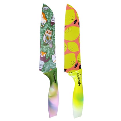 Jenefy Ultra Sharp Knife with print of protective sheath Chef Knife Japanese Santoku Knife with Nonstick coating NonSlip Ergonomic Handle & Blade Cover High carbon Stainless Steel Green & Yellow Combo