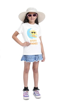 KUCHU Kids Graphic Printed T-Shirt | Happy Summer | Cotton Modal Fabric | Soft & Skin-Friendly | Everyday Casual Wear for Boys & Girls (in, Age, 6 Years, 7 Years, Regular, White)