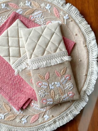 KRI India Bloom Valley of Flowers Quilted Cutlery Holders Set|Set of 2 | Jute Beige & Ivory  | 9x4.5 inches | Wash & Care | 100% Cotton | Handcrafted in India. 100% organic & natural.