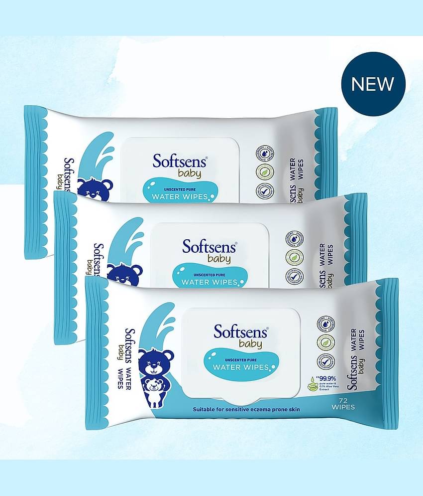 Softsens Baby 99.9% Pure Water Wipes, Pure Aloe Vera Extract Wipes For Babies, 72 Wipes, Pack of 3