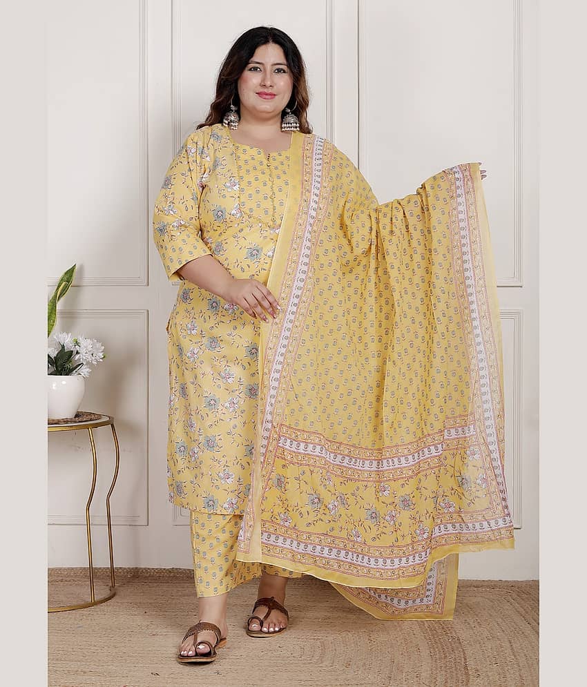 Swasti Women Cotton Printed Straight Kurti With Pants ( Yellow )