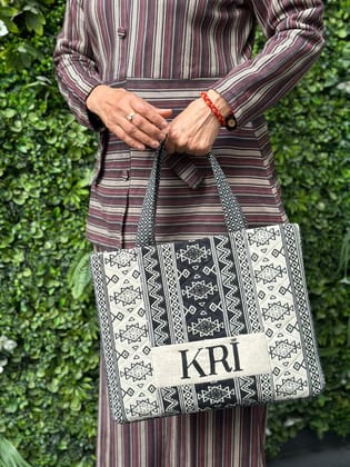 KRI India Black or White KRI Tote bag | Black & Ivory  | 15x11 inches  | Wash & Care | 100% Cotton | Handcrafted in India. 100% organic & natural.