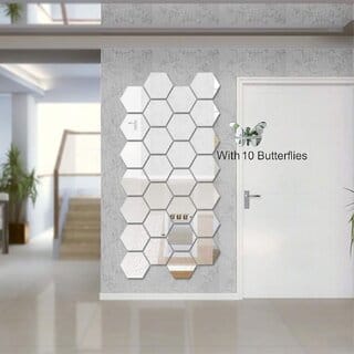 Grahak Trend Hexagon with 10 Butterfly Stickers Silver 3D Acrylic wall Sticker.