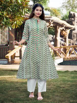 Green Printed A-line Rayon Mandarin Neck Top with Pant-S
