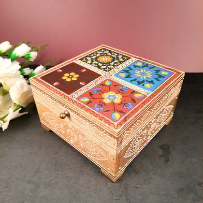 Jewellery Box | Wooden Jewelry Box With Ceramic Tiles | Multi-Purpose Storage Box | Organizer for Rings, Necklace, Earrings, Makeup, Dressing Table Decor & Gifts - 7 inch