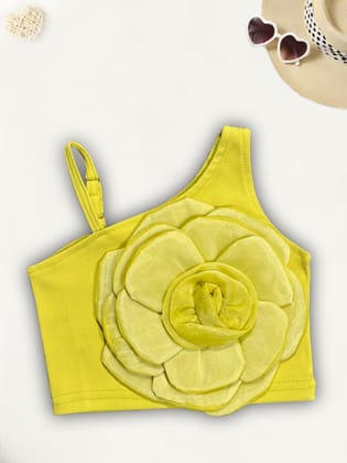 Girls One Shoulder Flower Patch Top[GT-731] [9 Month -12Years]-9M-12M (Size - 16) / Yellow / Imported Ribbed