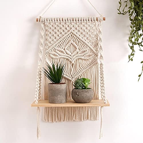 Wall Hanging Shelf Chic Decor Wood Floating Boho Shelves with Wooden Dowel Hand Woven Bohemian Decor for Apartment 2