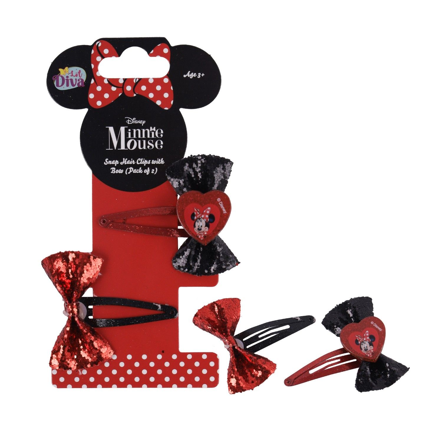 Li'l Diva Minnie Mouse Pack of 2 Red and Black Clips For Girls 3 Years and Above