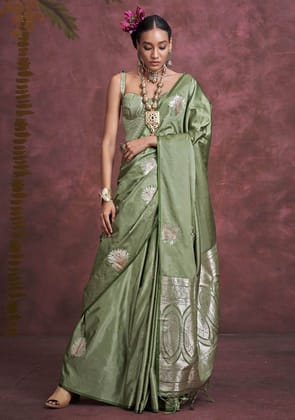 Sage Green Banarasi Silk Saree with Designer Same Colored Blouse