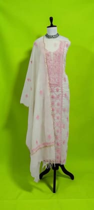 White Mul Cotton Chikankari Dress Material with Hand Embroidered Dupatta