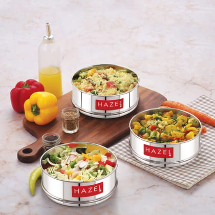 HAZEL Cooker Separator Small Size , 500 ml Each Mini Vessel for Cooker Set of 3 with Glossy Finish , Utensil Set Stainless Steel Cooker Dabba , Stackable Cooker Container Fits in 3 Litre Cooker HAZEL Cooker Separator Small Size , 500 ml Each Mini Vessel for Cooker Set of 3 with Glossy Finish , Utensil Set Stainless Steel Cooker Dabba , Stackable Cooker Container Fits in 3 Litre Cooker