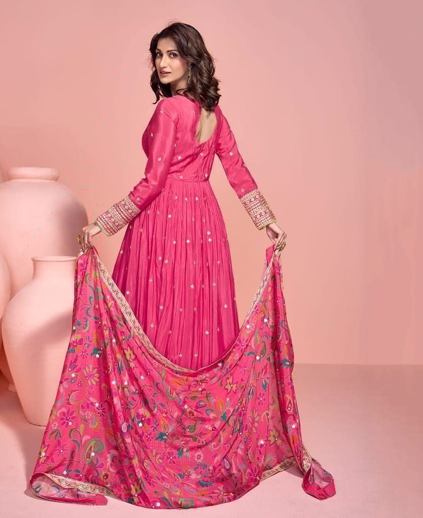 summer special pink chinon anarkali set for women