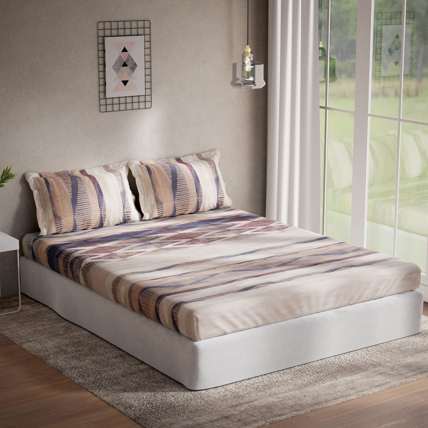 DDECOR - Sigma Collection 100% Cotton Abstract Pattern 136TC Queen Bedsheet |224 CM X 254 CM| with 2 Pillow Covers