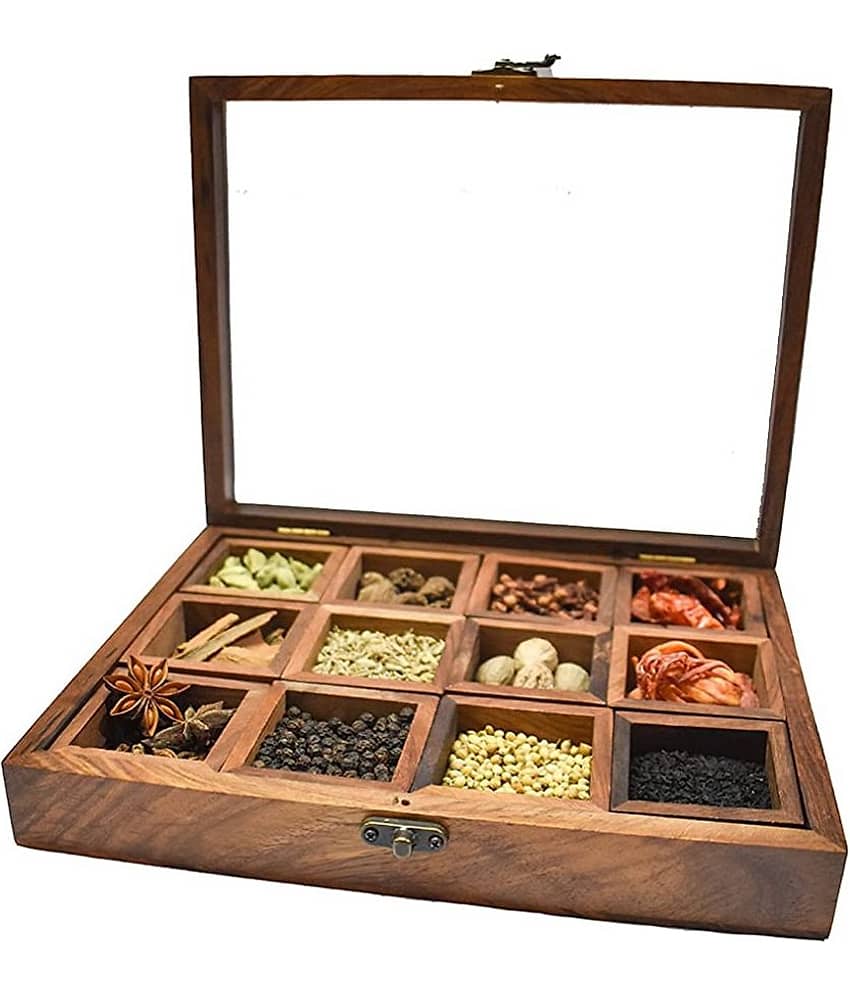 TFS - Masaladani 12 Box Brown Wooden Spice Container ( Set of 1 ) - 50 ml