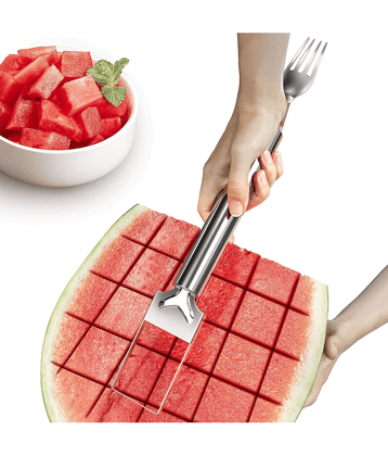 Watermelon Fork Cutter Slicer Tool, 2-in-1 Stainless Steel Fruit Cutter Melon Slicer Cutter Tool, Watermelon Cutting Tool for Home Party Camping Kitchen Gadget