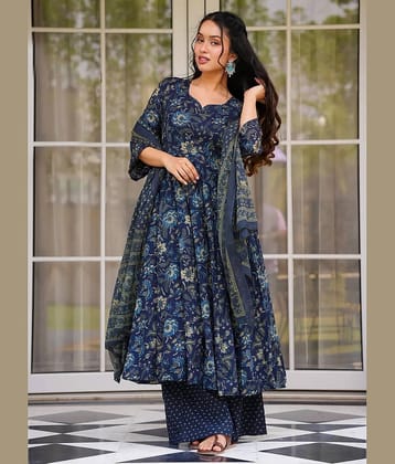 kedar fab Women Rayon Printed Straight Kurti With Palazzo ( Blue )