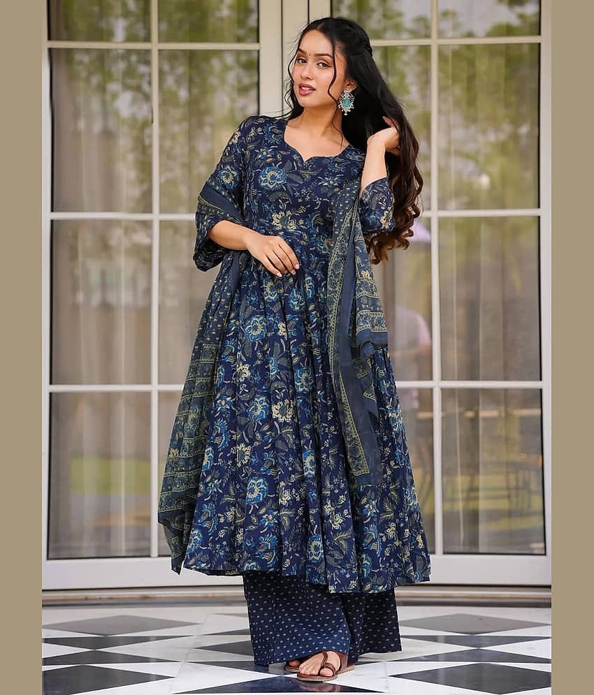 kedar fab Women Rayon Printed Straight Kurti With Palazzo ( Blue )