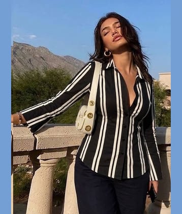 Rigo Women Striped Rayon Shirt ( Black )