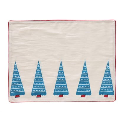 Hand Block Printed Cotton Table Mat in White, Blue & Red Tree Pattern - 14x18-14 inches x 18 inches / White / Blue / Red / 100% Cotton