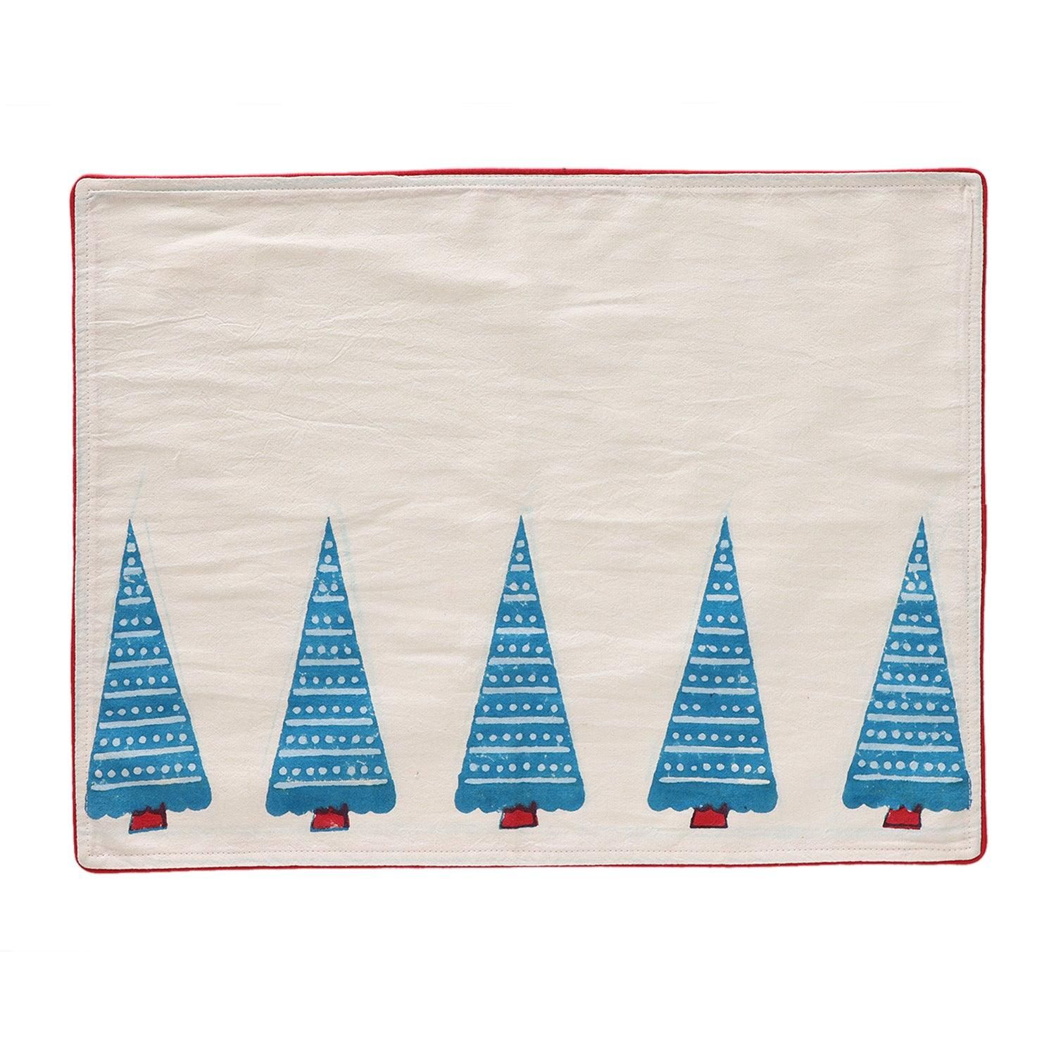 Hand Block Printed Cotton Table Mat in White, Blue & Red Tree Pattern - 14x18-14 inches x 18 inches / White / Blue / Red / 100% Cotton