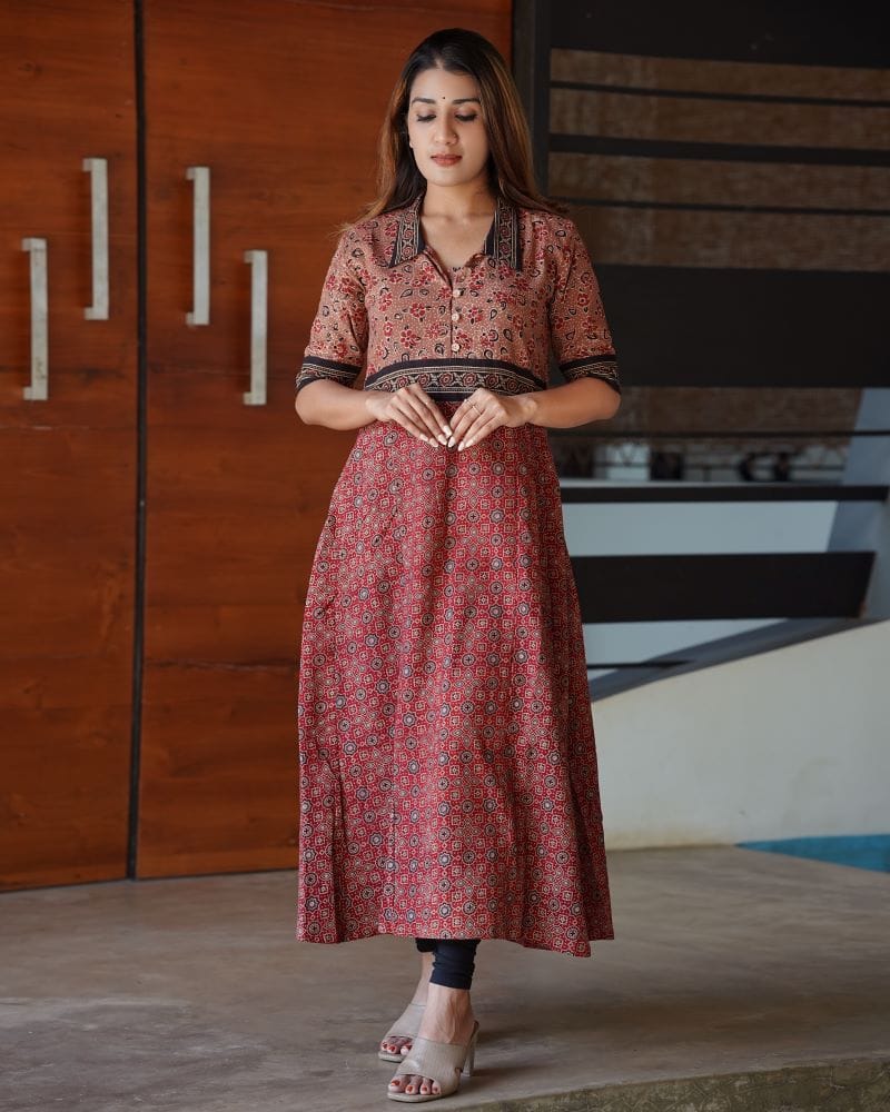 Ajrakh Cotton Collar neck Paneled Kurta with Half sleeves & Wooden Button Details ,Maroon- Mauve, KA1027-S