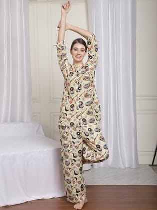 MANDARIAN COLLAR PRINTED MUSLIN CO-ORD SET WITH TROUSERS-M / Beige