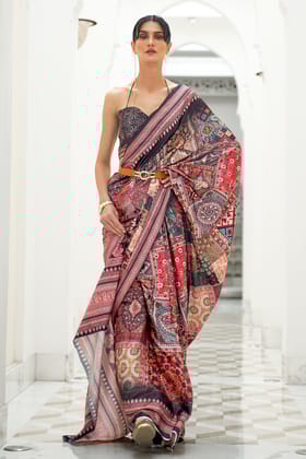 Dusty Grey Digital Printed Crepe Silk Saree