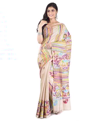 Beige multicolour tussar silk hand embroidery saree