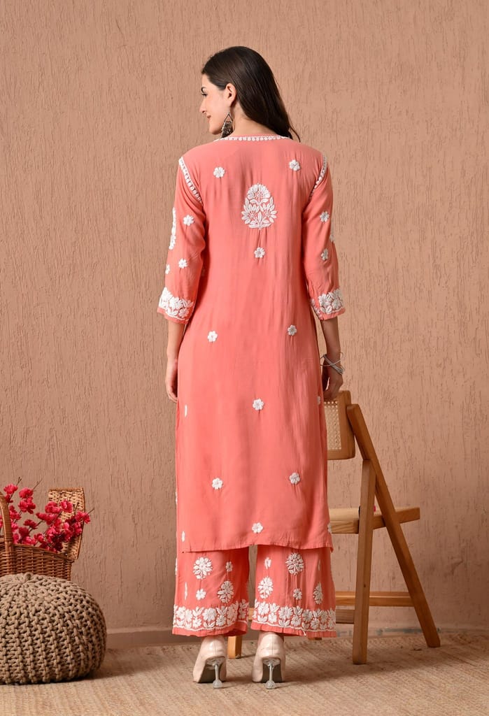 Hand Embroidered Chikankari Plazo Set 3d Work- Peach