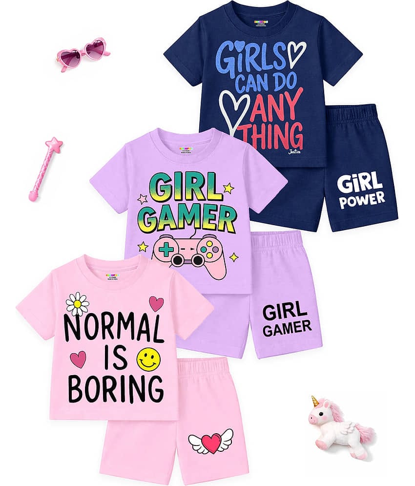 Kuchipoo Pack of 3 Girls Cotton Blend T-shirt & Shorts ( Multicolor 2 )