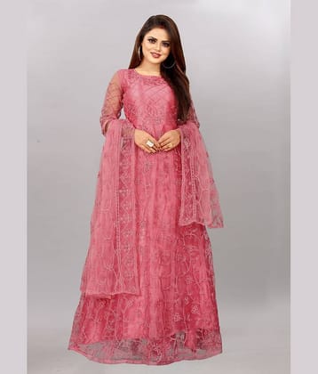 JULEE - Peach Flared Net Women's Semi Stitched Ethnic Gown ( Pack of 1 )